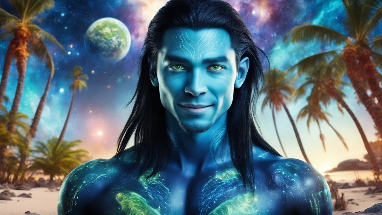 beautiful gorgeous young man na'vi with long hair, Avatar, blue skin, two small ears, green eyes, black hair, in cosmic suit, galactic ambiance, smiling, with spaceship and planets and palm trees and clear crystaline cosmic beach in background