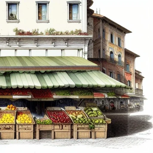 Greengrocer,Italian city,Citymarket, Jean Baptiste Monge, strong lines, high contrast vibrant colors, highly detailed, , exterior elevations illustration, , exterior elevations design plan illustration, interior croquis color illustration