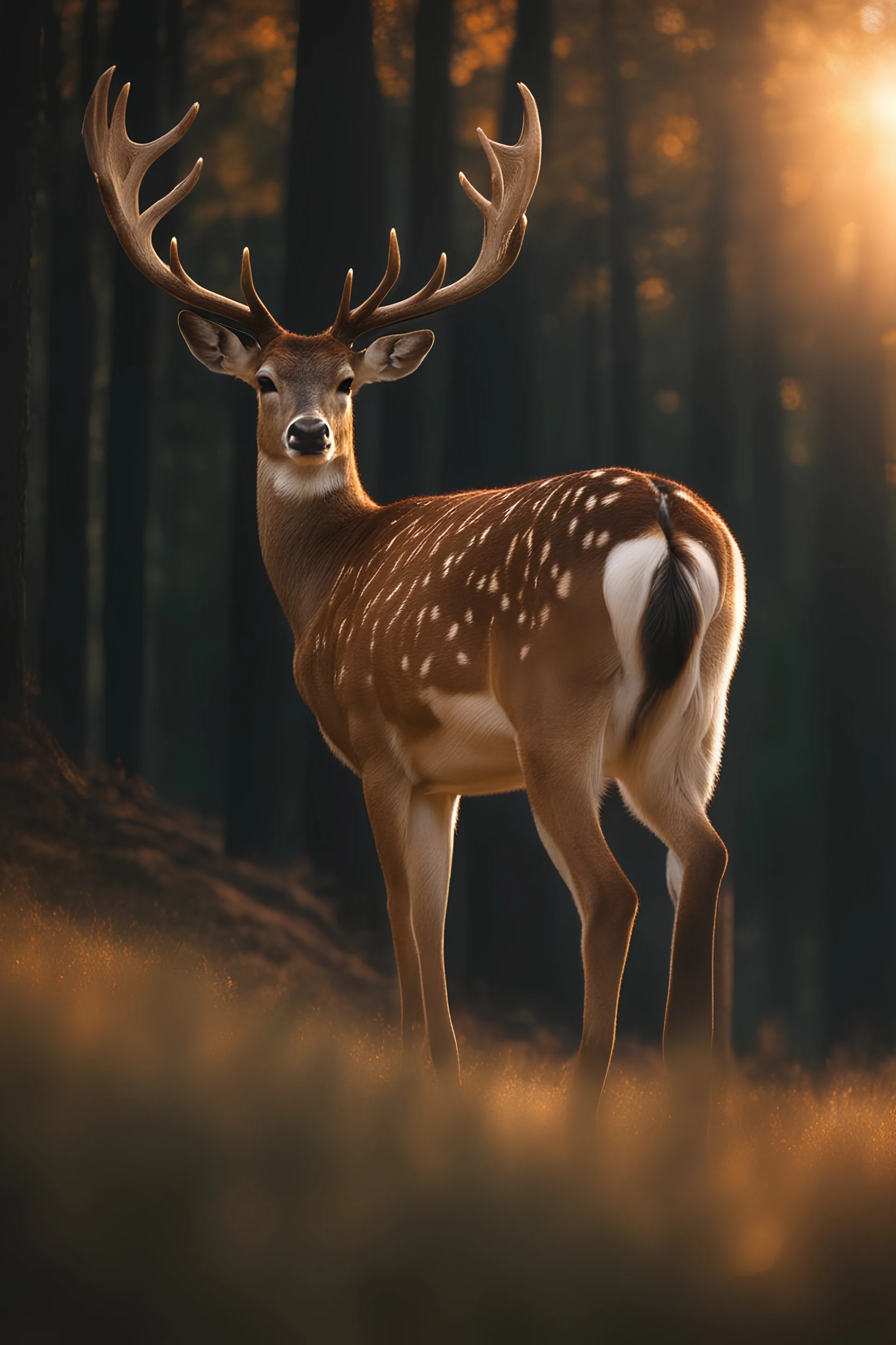 Ultra realistic 4k detailed fallow deer in a beautiful forest at the sunset, . 8k, hyper quality, dynamic lighting