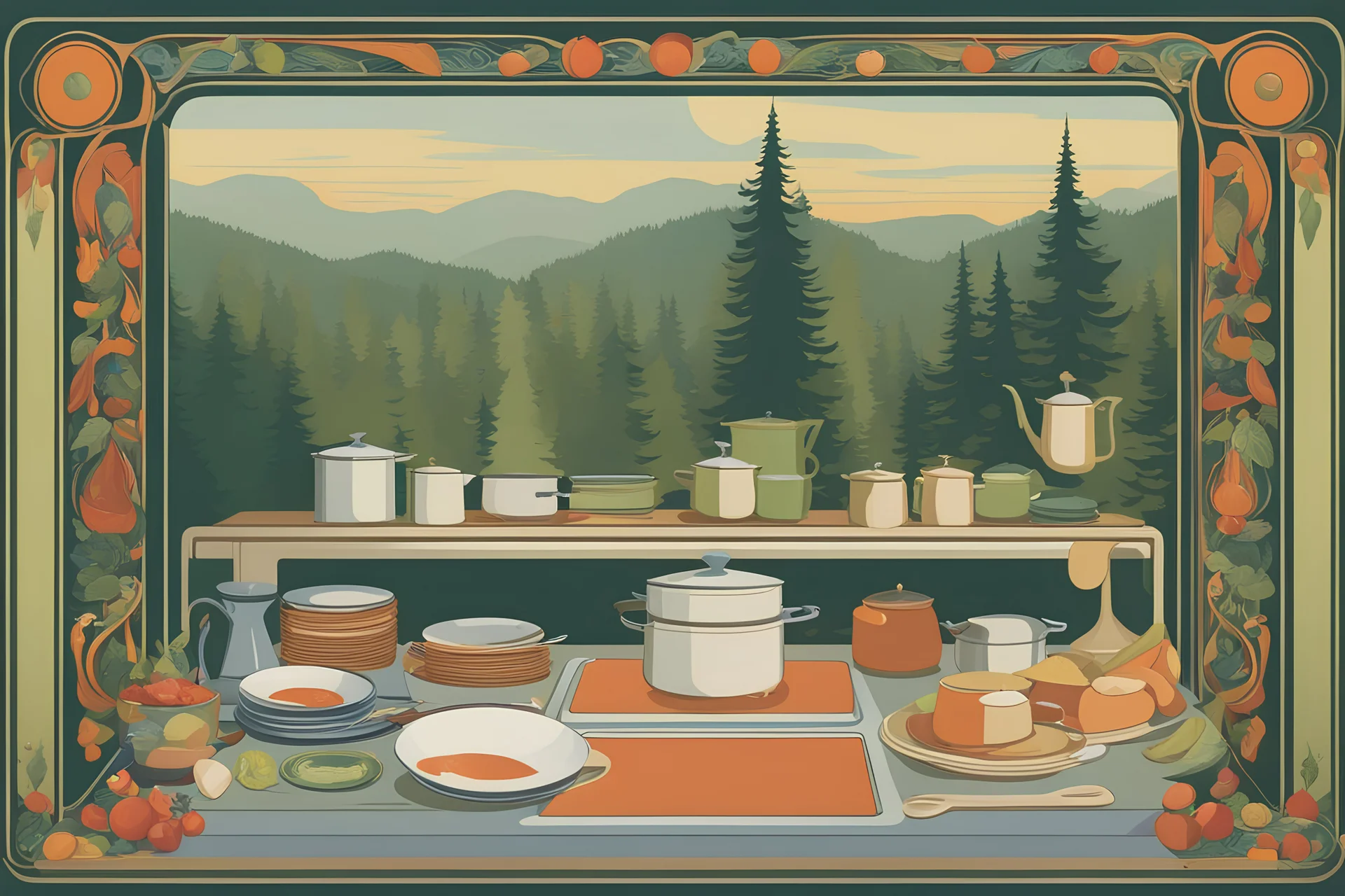 a gnomesa cookbook in his kitchen. art nouveau. (Stanley Mouse psychedelic, Art Nouveau-influenced concert posters) more kitchen elements around. gorgeous forest in the background. surrounded by an art deco mushroom border.