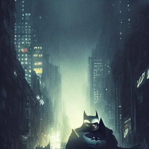 fat batman, dramatic light, cityscape, twilight, dystopian setting, high contrast, painted by greg rutkowski, cinematic