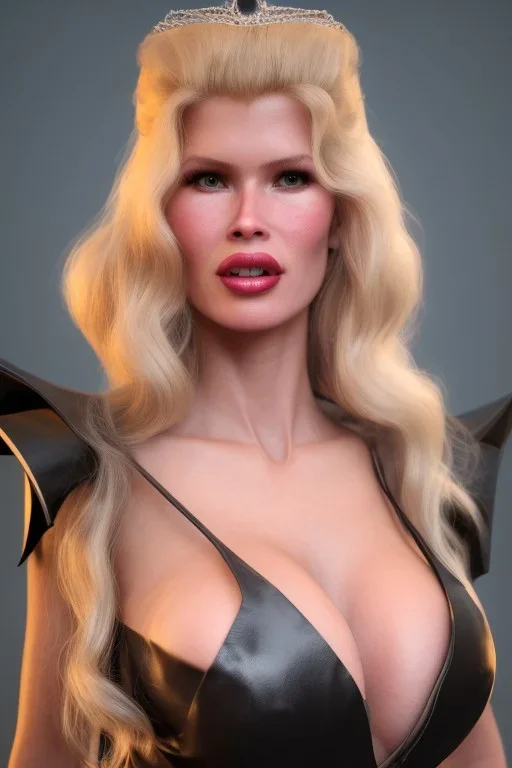 Claudia Schiffer as evil queen in leather gown, voluptuous, cleavage, stern, angry, emperious, cinematic, 8K, realistic, high definiton, unreal 5 engine, dramatic lightning, low key lightning