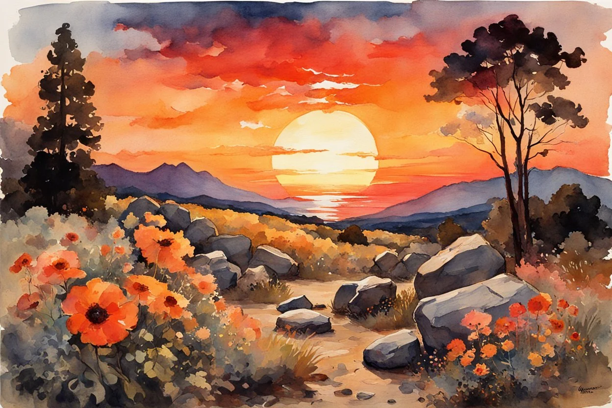 Amazing beautiful sunset, flowers, rocks, countryside, mountains, trees, sci-fi, fantasy, epic, winslow homer watercolor paintings