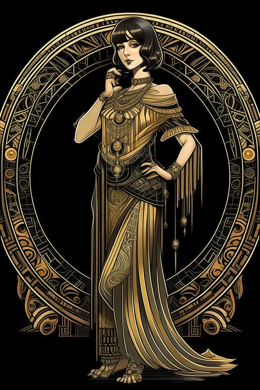 Full Body, Art Nouveau Woman With A Bob With A Fringe Hairstyle, Cleopatra Clothing, Steampunk, Black Background