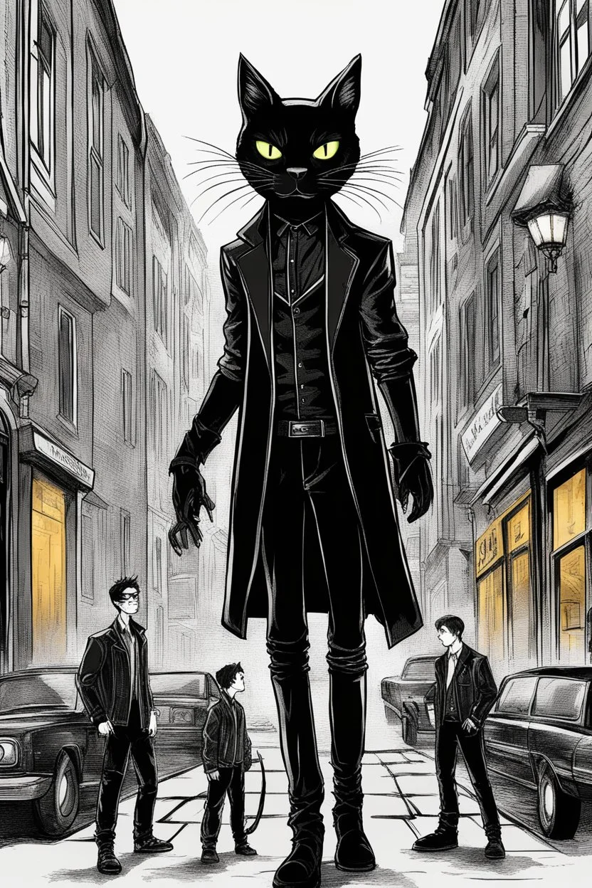 Design a book cover for fantasy criminal story. One teenage girl and two boys are on the town street. Black Cat as a company. The book is for teenagers. Modern style.