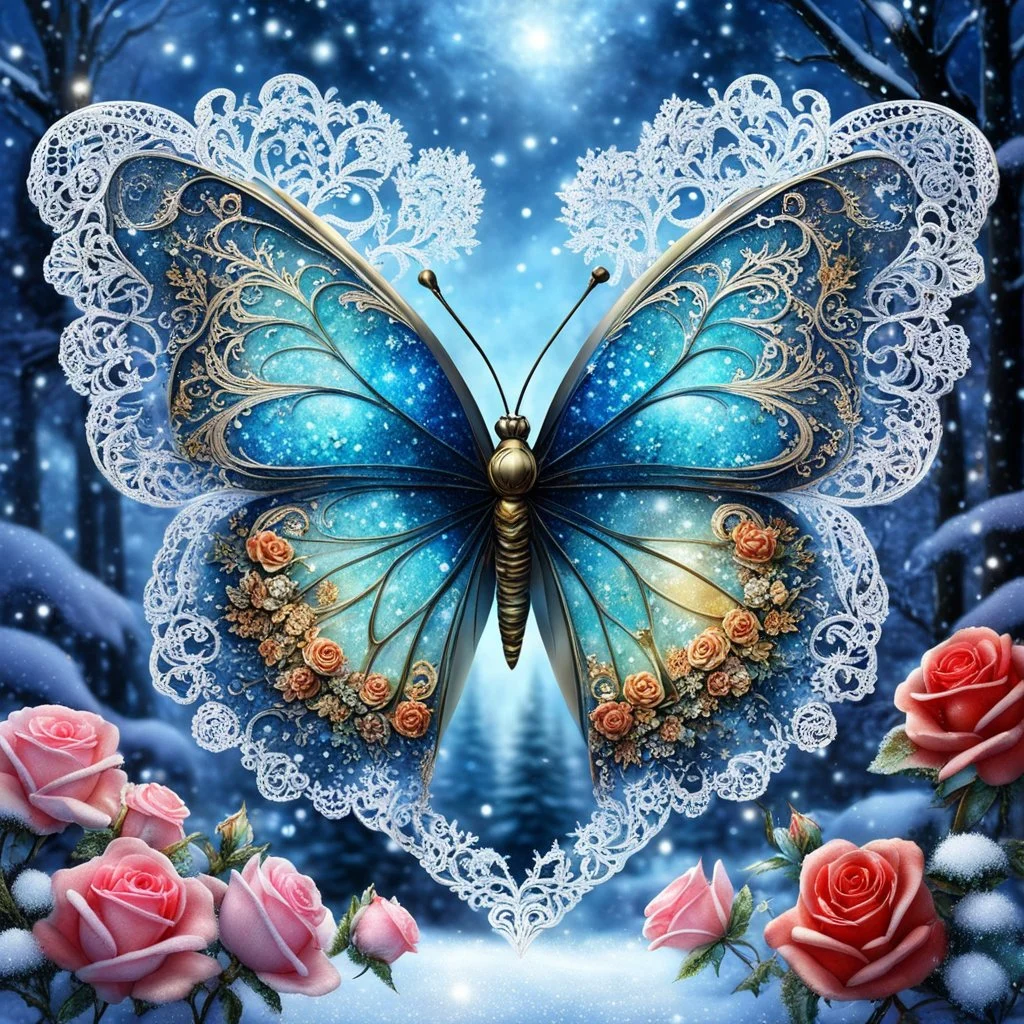 Beautiful filigree lacey butterfly, winter wonderland background, triple frosted heart with bi colored roses, glitter, glowing, transparent, sparklecore, Thomas Kinkade, realistic painting, 8K