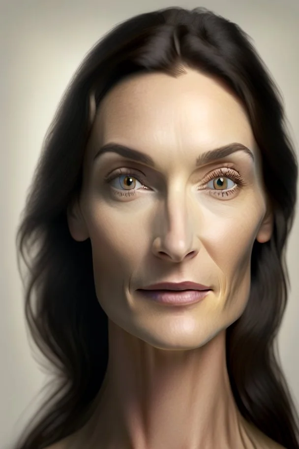 realistic, (39yr old female)without makeup, Caucasian beautiful face, angled head position, dark hair, studio lighting, cinematic light, beautiful woman, milk beige middle hair, perfect anatomy, on white background, 8k Resolution, highly detailed, non-symmetrical body a, detailed hairstyles and skin texture