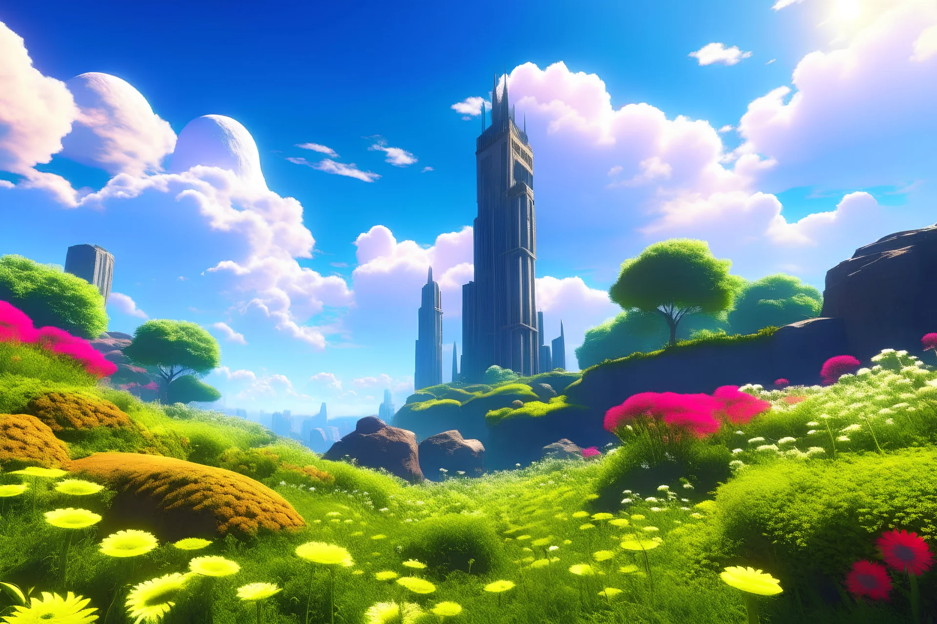 sunny day, clouds, city near the rocks, flowers, vegetation, sci-fi, epic