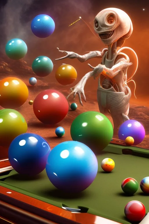 2 Aliens are playing pool and laughing. the balls on the table are planets. The main ball is planet earth. High resolution, 3d render and 8k