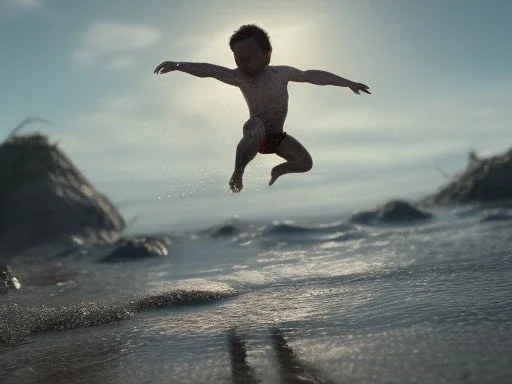 children jumping in water on a beach capture them against the sun and make an art silhouette, hyper details, real sharp, 8k, well detailed, well shaped