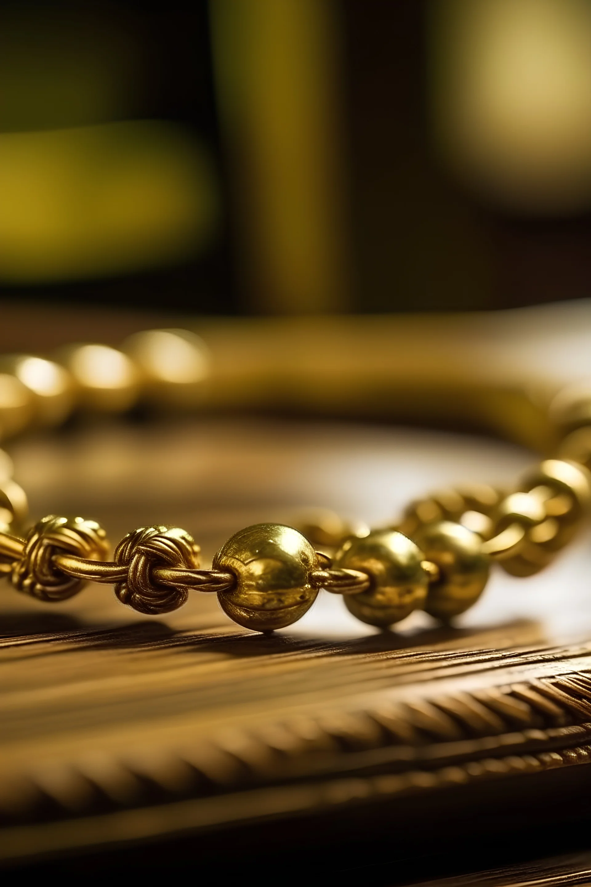 jewellery gold bracelet lying on wooden gunwale. blurred background.