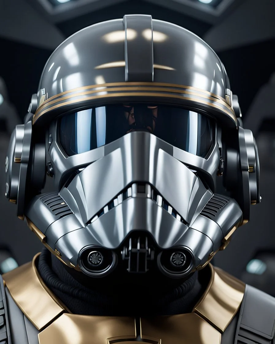 star wars bald male corellian pilot wearing dark gunmetal grey and black First Order special forces TIE pilot armored flightsuit and helmet with gold trim inside the jedi temple, centered head and shoulders portrait, hyperdetailed, dynamic lighting, hyperdetailed background, 8k resolution, volumetric lighting, light skin, fully symmetric details