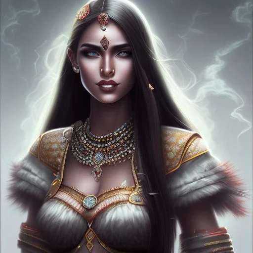 fantasy setting, indian woman, dark-skinned, half-hawk haircut