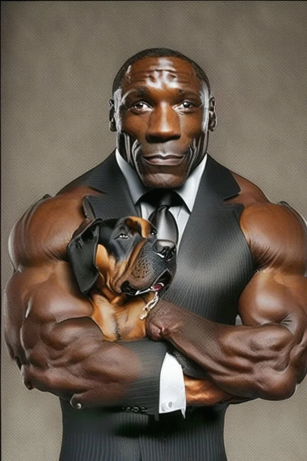 Bodybuilder Lee Haney with the face of a Rottweiler dog A dog's head instead of a person's head Only the player's body with a bulldog head on it He wears a luxurious black suit and holds a luxurious cigar The suit covers the body. In the mouth of the dog there is a luxurious Rottweiler dog head Remove the headRemove the dog and remove the head