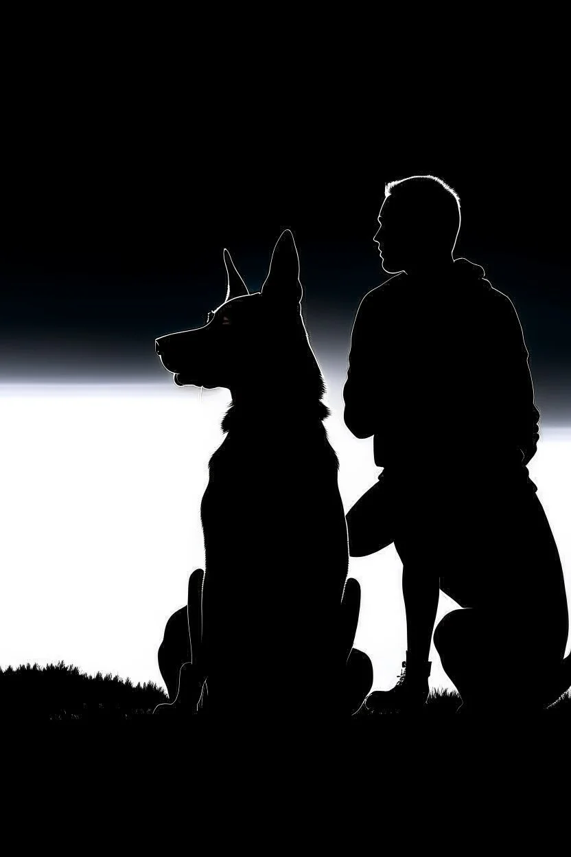 Black background on a mountaintop. A silhouette of a fit man and a silhouette of a fit woman sitting close to each other. A silhouette of a Belgian malinois somewhere close to them