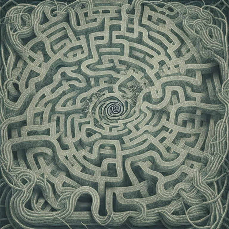 A spiral-shaped labyrinth with intertwined vines, representing the initial fascination with drugs