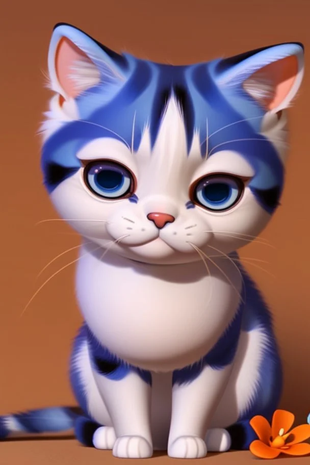 Blue and orange chibi pixar cats with big lifelike eyes and flowers