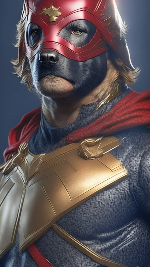 GustavoPetroman, cara de hombre, superheroe, mostrar antifaz de perro Golden Retriever dorado, antifaz en los ojos detallado, mostrar altura completa, detallado, intrincado, fotorealista, arte conceptual, 4k