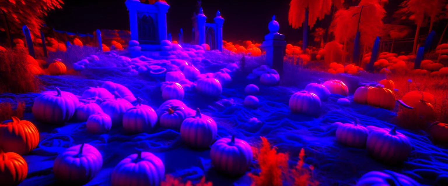 A neon purple graveyard with pumpkins painted by Xul Solar