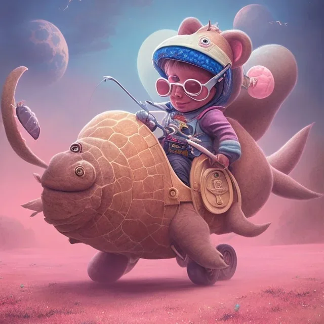 1yo little szymon is on safari onthe moon. riding a pink dinosaur. he has big and a funny hat. High detailed. Cinematic. Digital painting. Warm lights.