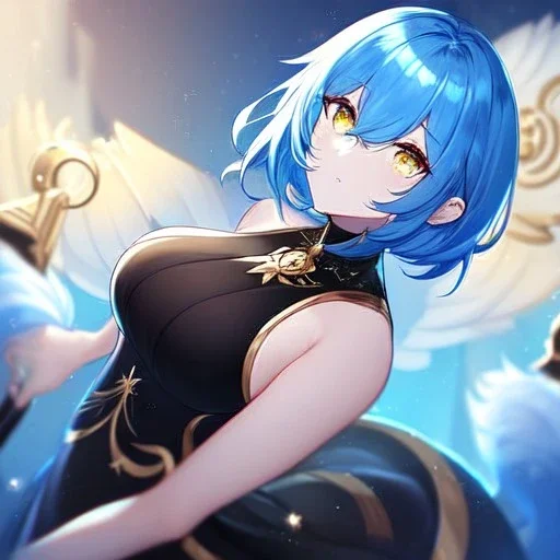 Clear focus, High resolution, short light blue fluffy hair, hair between eyes, yellow eyes, wearing black magma shorts, detailed outfit, blue and black outfit, gold accessory, female