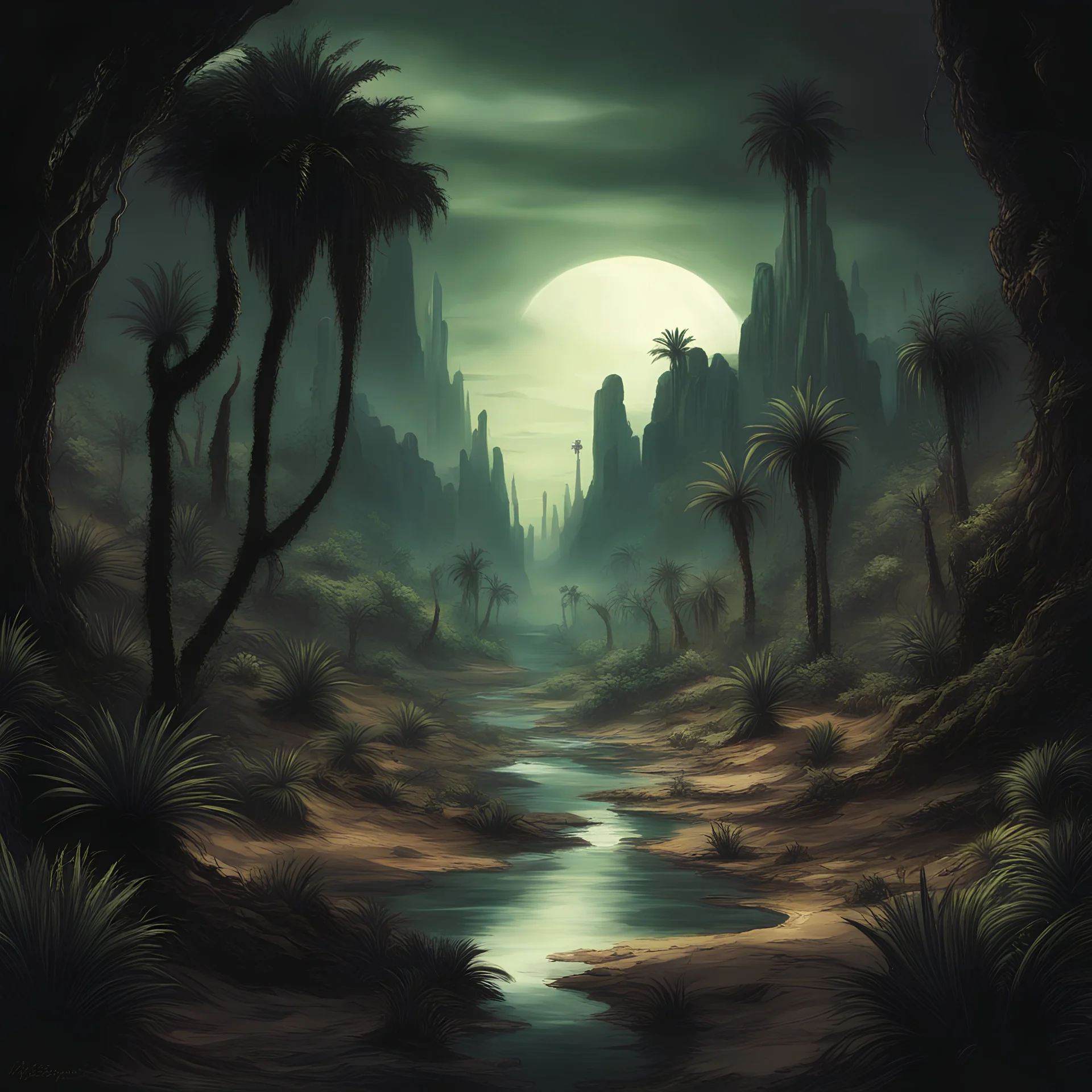 A dark art-styles fantasy picture of dark and evil-looking nature scenery of a lush oasis ending in a desert