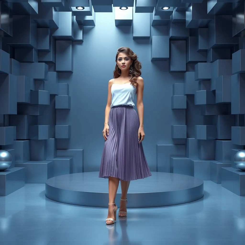 make a picture pretty stage made of metallic blue-gray teme 3d recursive cubic and sphere and cylinder base structures and a beautiful fashion model lady standing with cute in scene with sexy top and pretty pleated midi skirt ,makeup curvy long hair,dynamic camera zoom to full body and pan, dynamic lights.