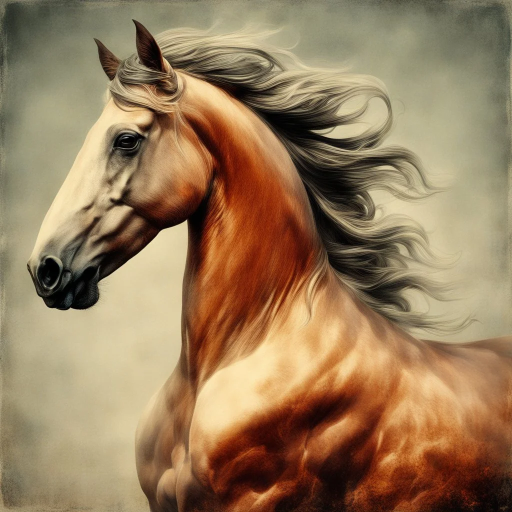 PROMPT: Young stallion in motion, captured in a modern vintage photography style. The image blends necronomic-inspired illustrations with a tabletop photography approach, reminiscent of the 1890s. Hyper-realistic animal portraiture is combined with a ghostly aura and subtle, buzzing details.