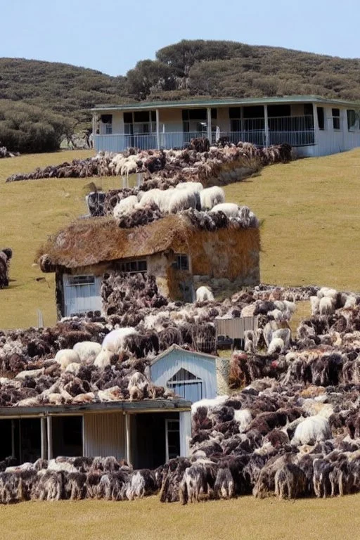 farm house made out of sheep carcass, so many bloody dead sheep on roof, with lots of 4wd trck hanging around