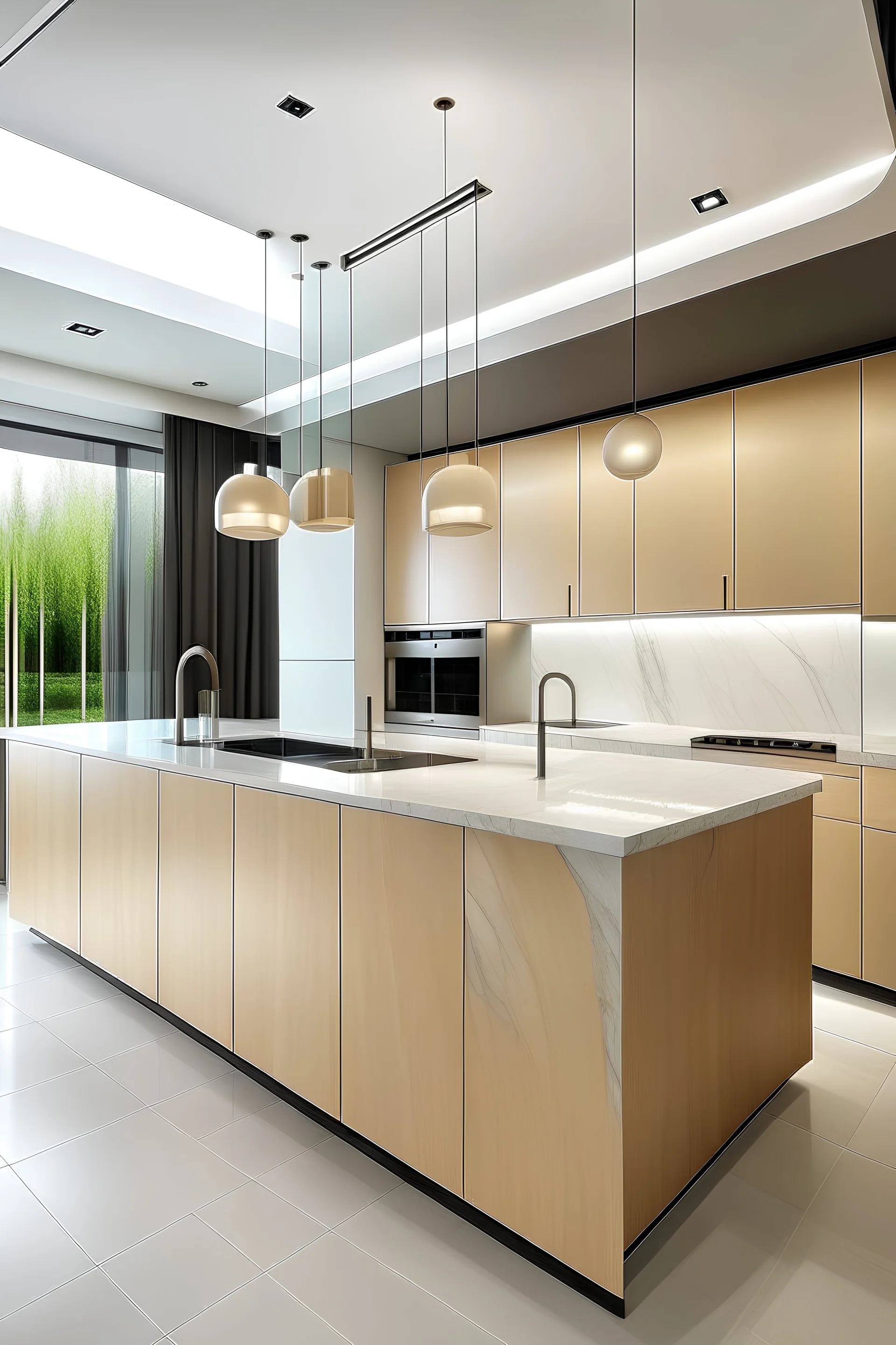 Kitchen, modern style, light timber veneer, metal Fram with tinted glass door, island bench, marble bench top