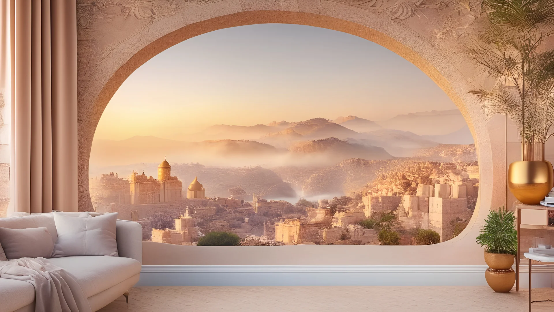 Gorgeous view of the ancient golden city in mist through a crack in the living room wall