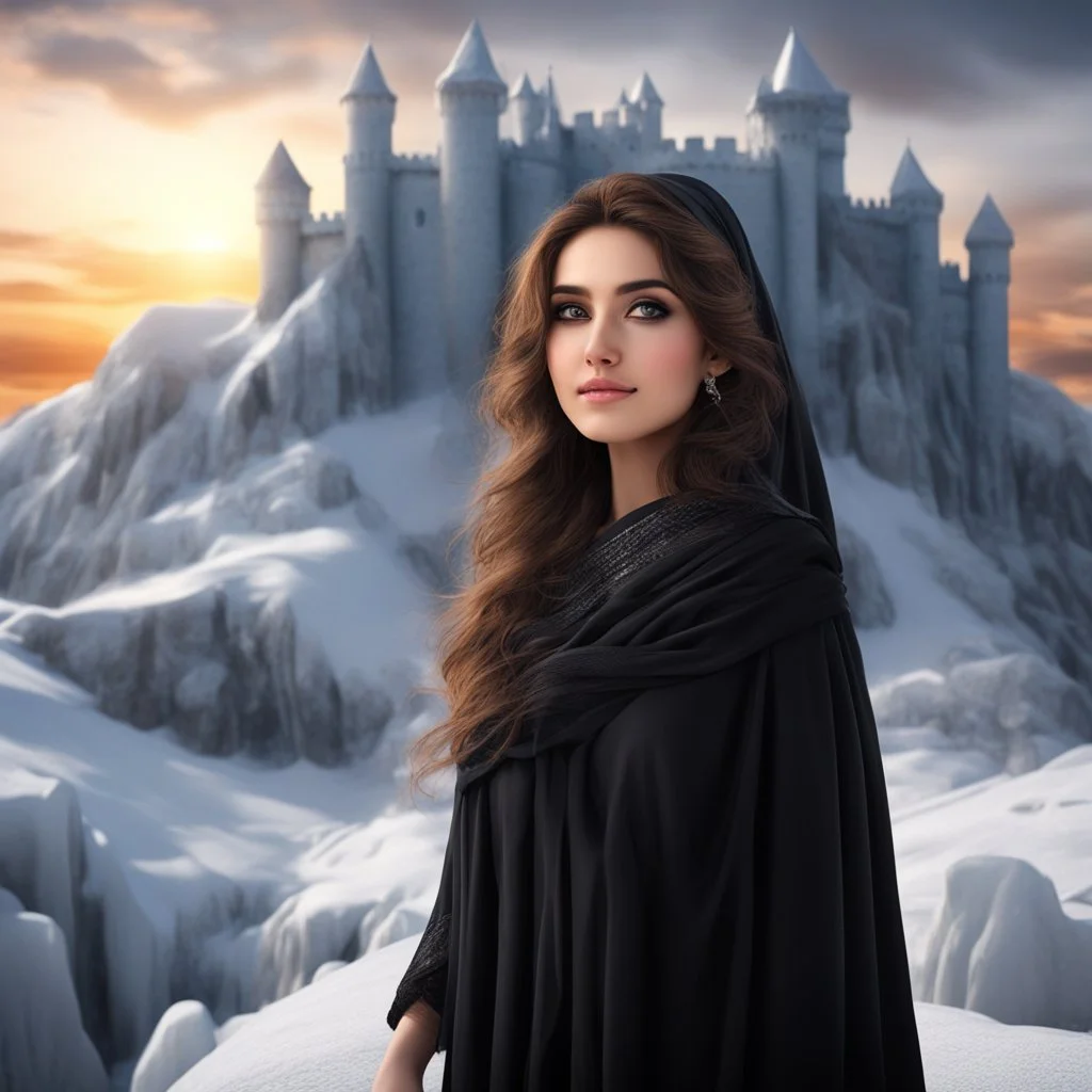 Hyper Realistic close-up-view of Beautiful Happy Pashto Girl with beautiful hair & beautiful eyes fully-covered-in-black-dress-&-white-shawl standing outside her-huge-ice-castle on mountain-top with cloudy-sunset showing dramatic & cinematic ambiance