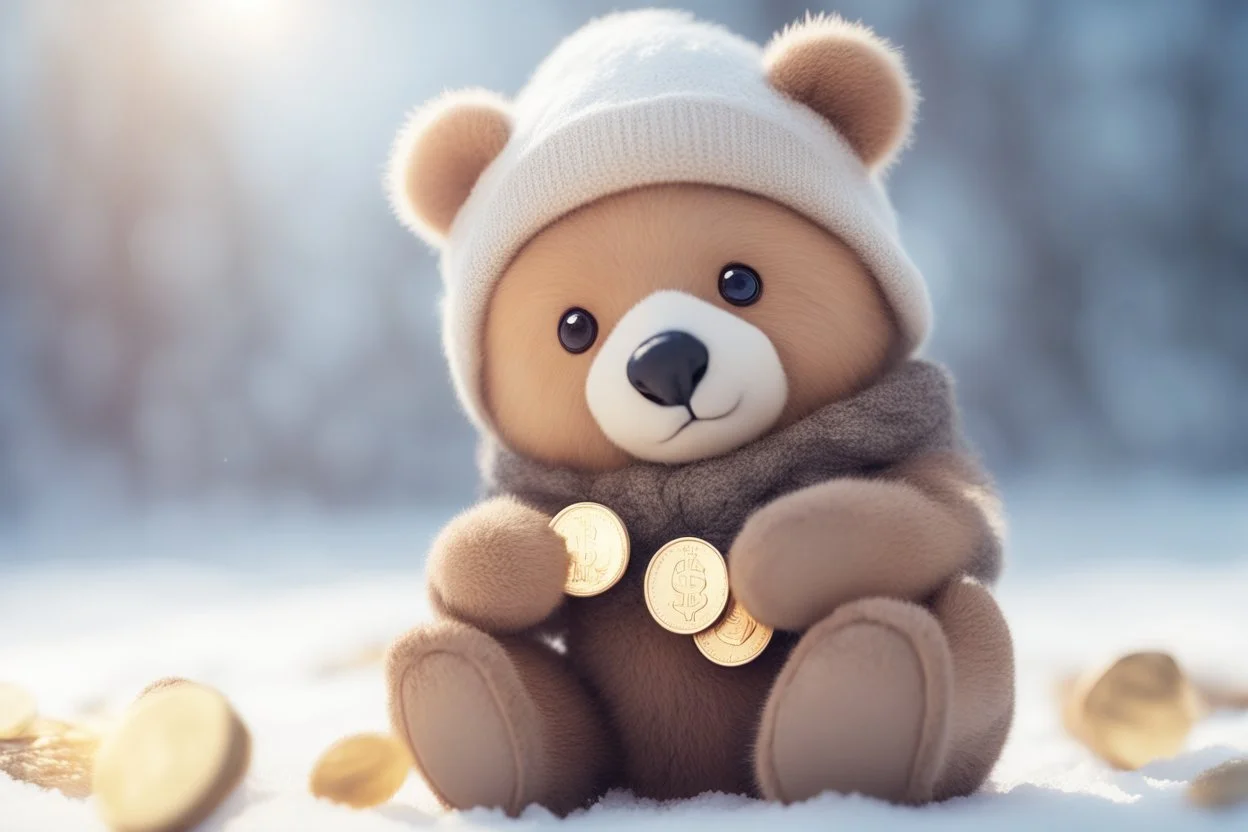 cute chibi bear sadly counting his money and golden coins in winter, snowy scene in sunshine, ethereal, cinematic postprocessing, bokeh, dof