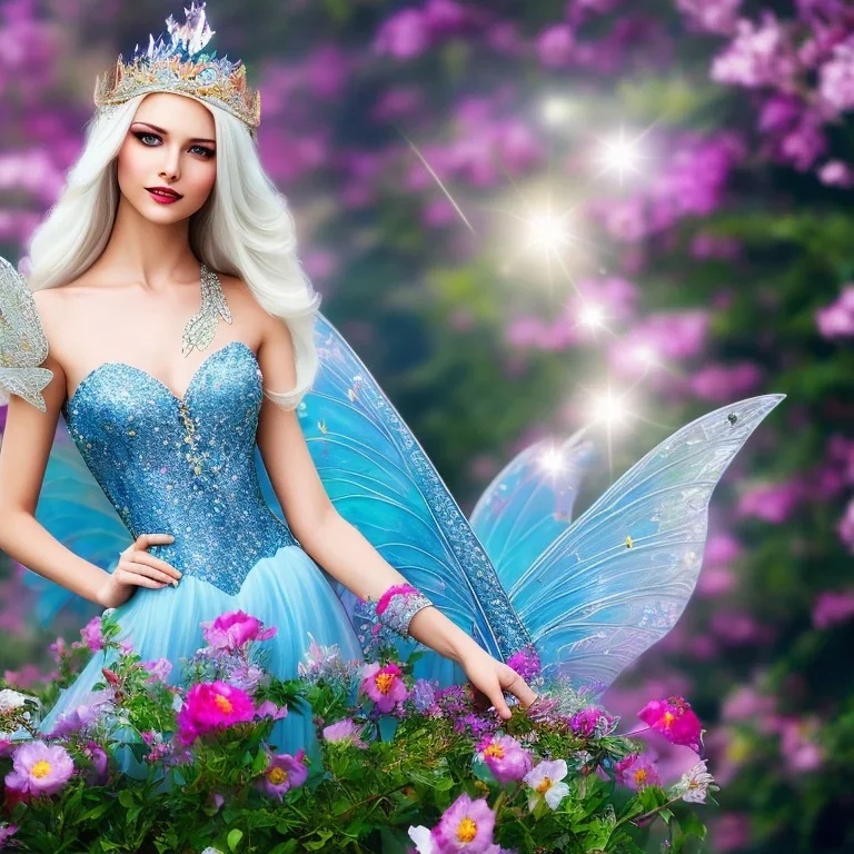 Fantasy fairy with transparent wings, smiling, make up, long platinum blond hair with crown and flowers, blue dress, flowering background