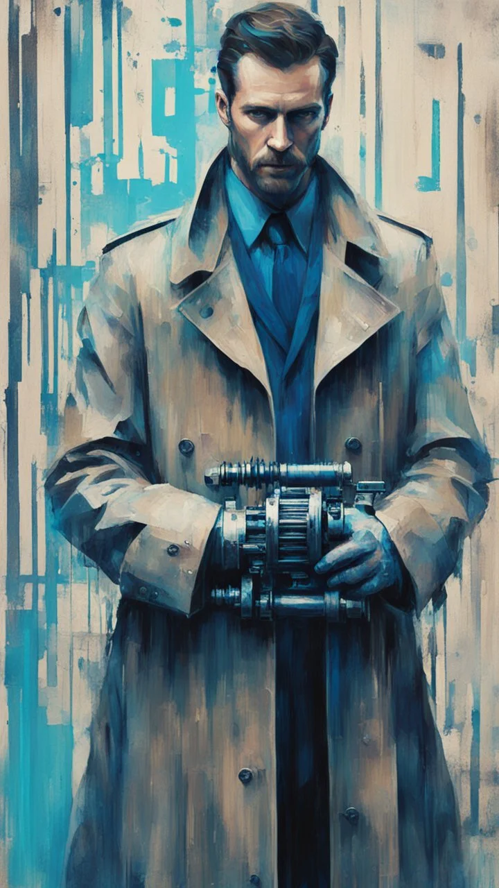 a photo and painting of a man in a trench coat holding a camshaft in hands, artgram, cobalt blue, cyan, beige and grey color scheme, reduce character duplication, epic, detailed color scan, glitch pattern visual noise, tint leak