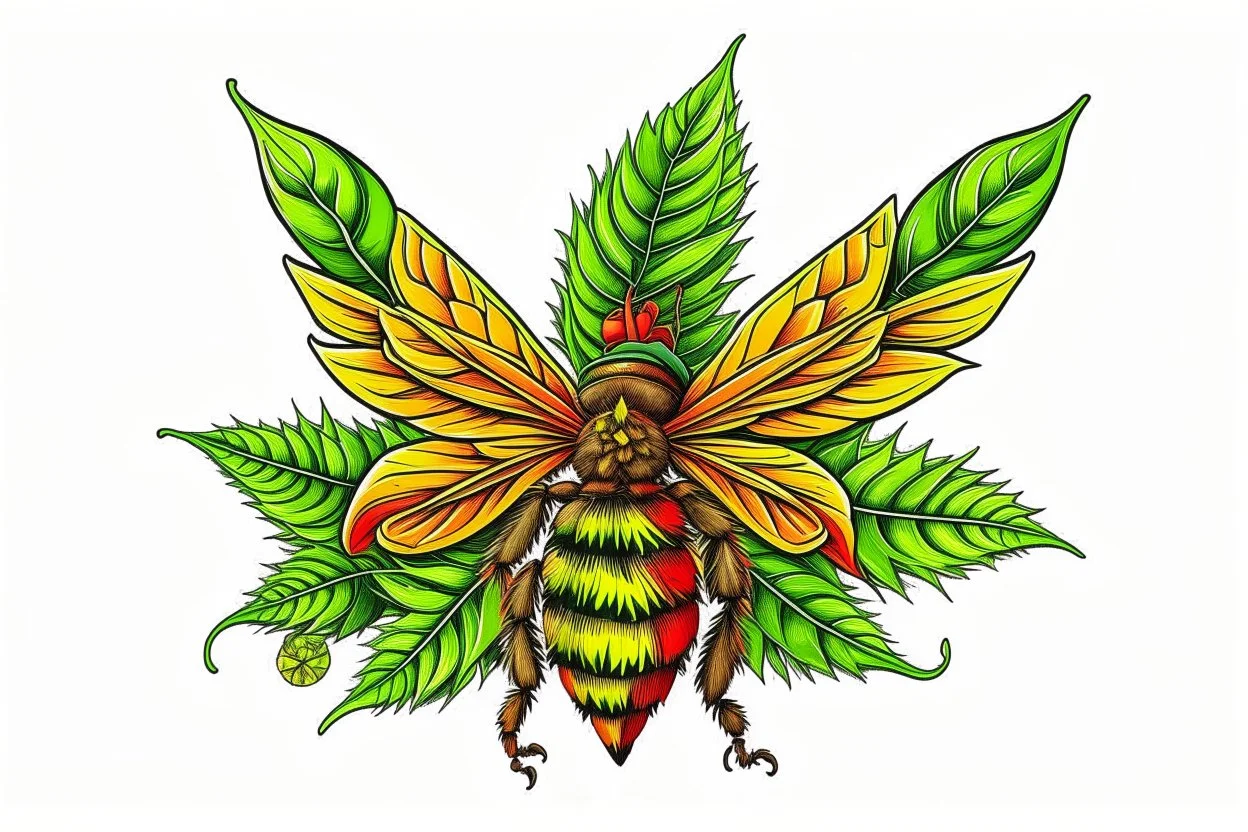 bee with canabis leafs wings rasta colours