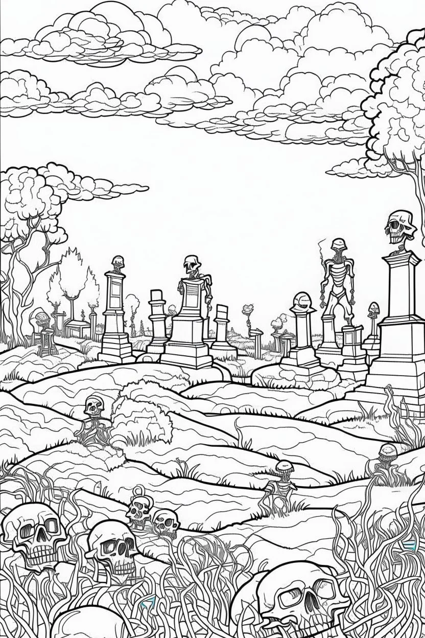 A graveyard with tombstones, skeletons rising from the ground, and eerie mist. Outline, sketch style, only use outline, mandala style, clean line art, white background, no shadows, no clear wall, coloring page.