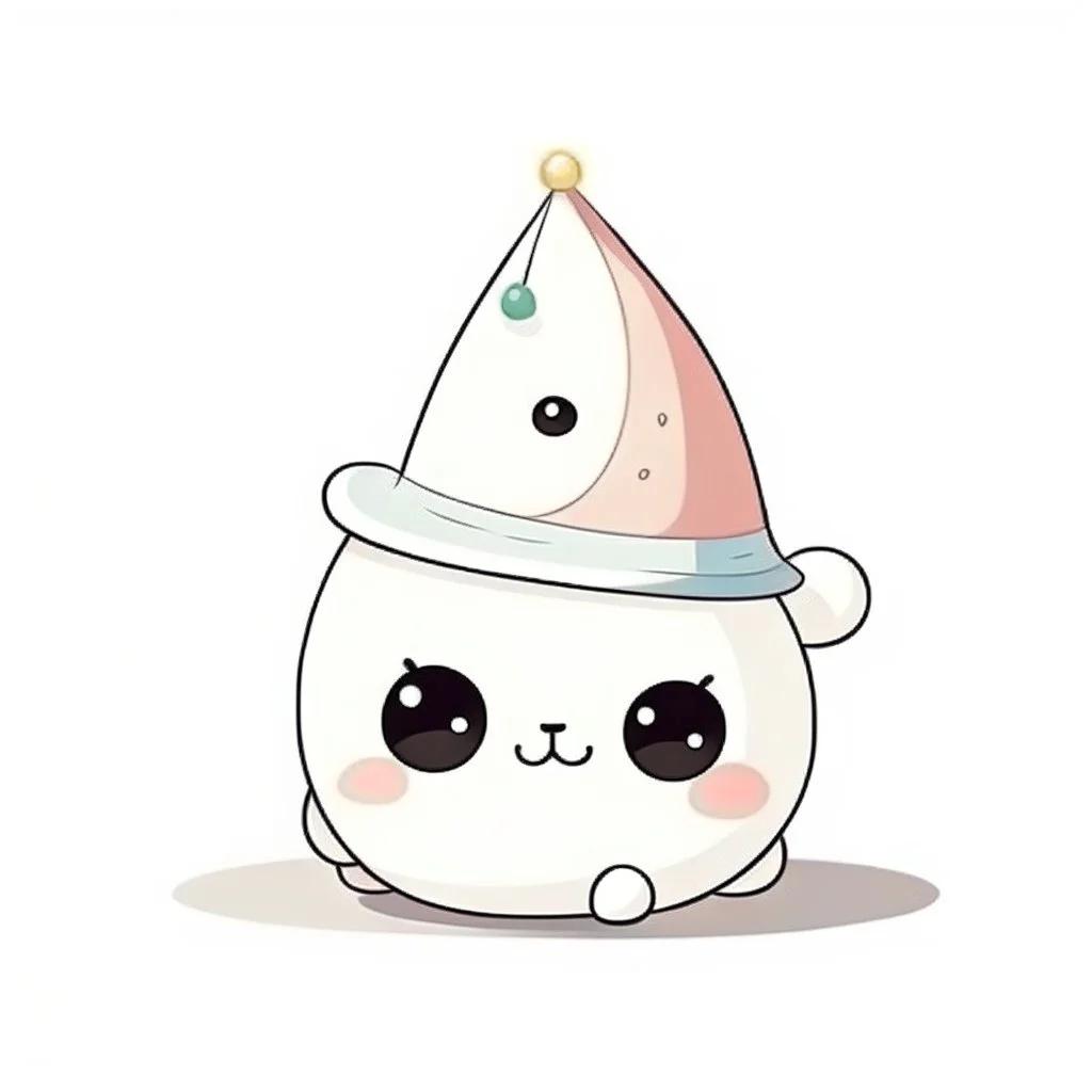 drawing of cute small mochi character with birthday hat on, on white background