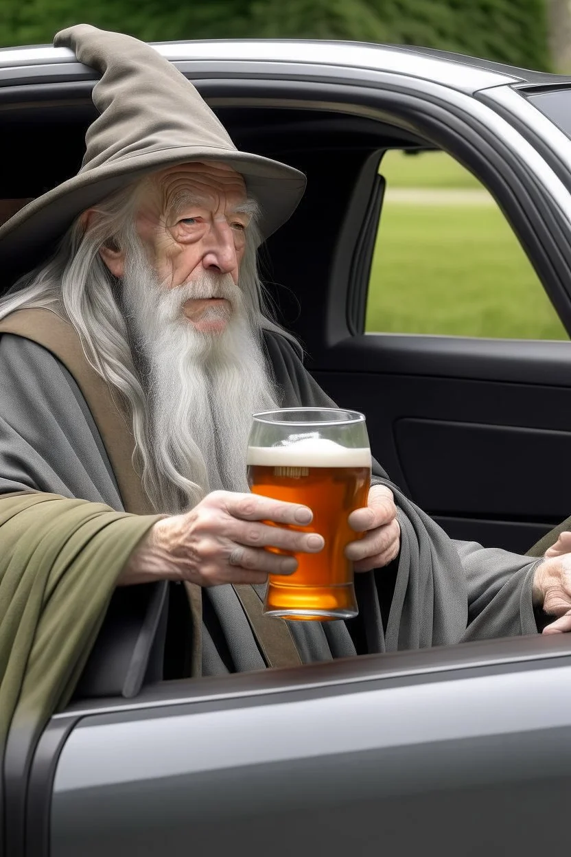 gandalf in a car drinking a beer