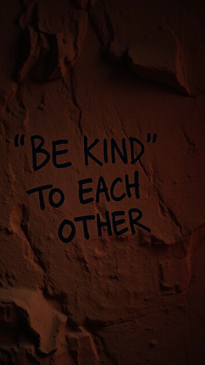 A hand writing On cave wall written “BE KIND “ “ TO EACH OTHER “ , an old man with bear and king hair wrote by the cave wall , a dim lighting great quality picture with primitive style
