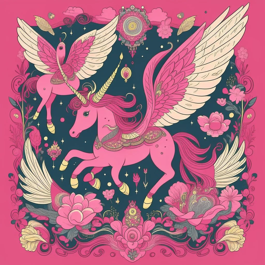 A rosy pink magical realm filled with winged unicorns designed in Navajo yarn