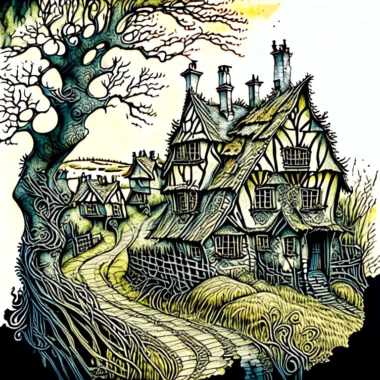 in the style of Arthur Rackham and Van Gogh, zentangle country side village, fantastical surrealistic, elegant, beautiful high definition fine 3D line art, watercolor ink and pen, extremely detailed, intricate, elaborate, HDR, beautiful, award winning, fantastic view, muted colours, fantasy, crisp quality