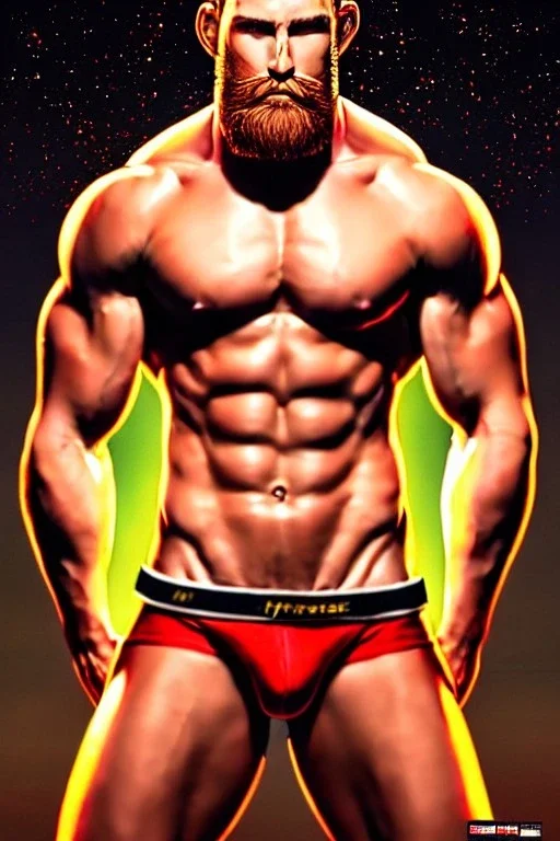 Ignore NSFW, teenager young rugged attractive slightly muscular fantasticly handsome blonde man, red briefs with yellow belt, hairy chest, (((visibly pisssing))) briefs, large erect visible boner peniss, photorealistic, artist Jay Anacleto, soft lighting, scruffy beard