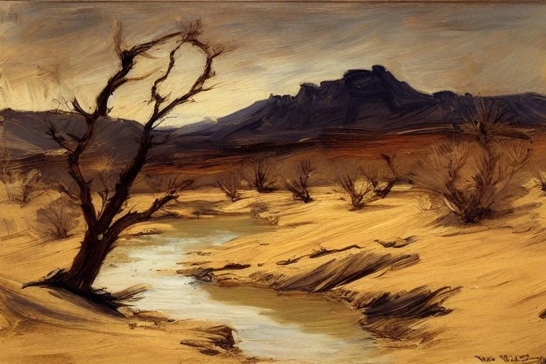 Dry trees, night, arid land, vegetations, rocks, little river, mountains, philip wilson steer impressionism painting