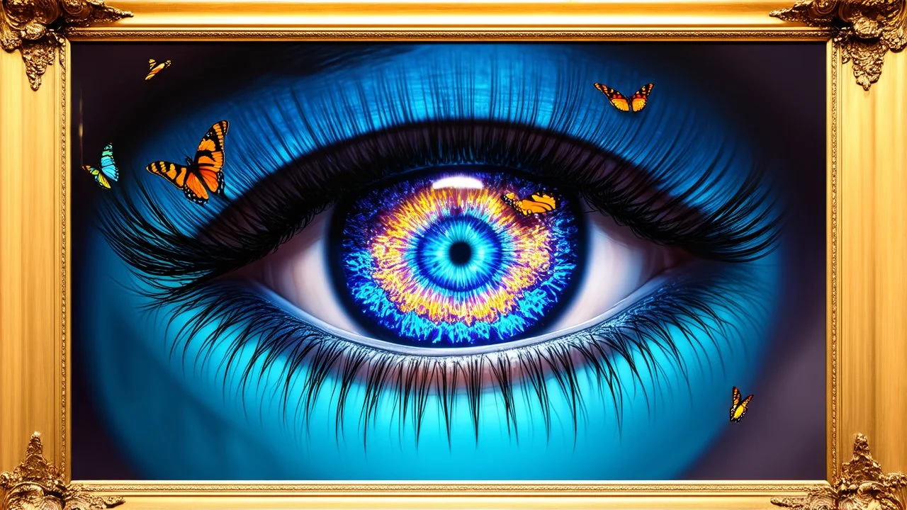Surreal close-up of huge luminous eyes, multi-colored butterflies fluttering inside the iris, crystalline reflections in the pupil, long eyelashes like delicate branches, oil paint texture with visible brushstrokes, classical art gallery atmosphere, ornate gilded frame, magic realism style
