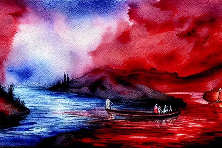 The red hot River Styx leading to hades, Charon, Impressionist brush strokes, high detail, dark dull color, Watercolor, greek fantasy, fine detail, high quality, masterpiece,