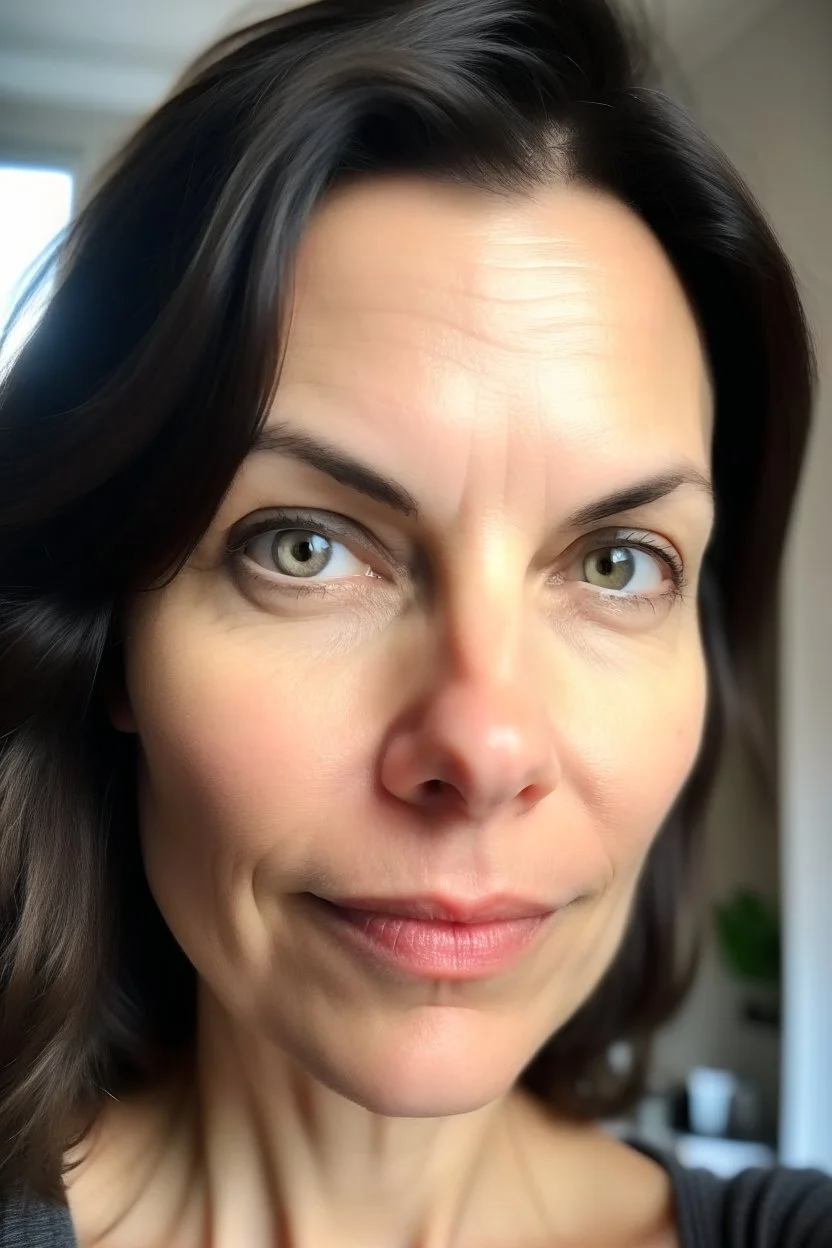 A selfie of a brunette woman, middle short hair taken at spa salon. showing incredibly beautiful extremely attractive 37-year-old European woman. (She has white skin, tousled black hair, pretty face without makeup, big round brown eyes, cute profiled nose, detailed full lips.)