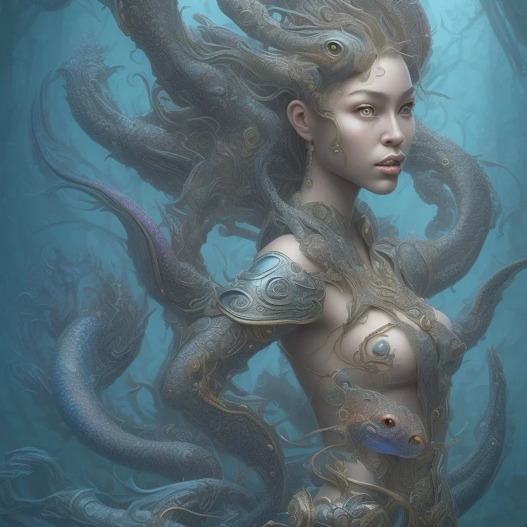 sango fantasy, fantasy magic, intricate, sharp focus, illustration, highly detailed, digital painting, concept art, matte, artgerm and paul lewin and kehinde wiley, masterpiece sexy lips Asian afro lips black African lady body mermaid Dragon fish head blue space lady sea under water mermaid seaweed pyramid