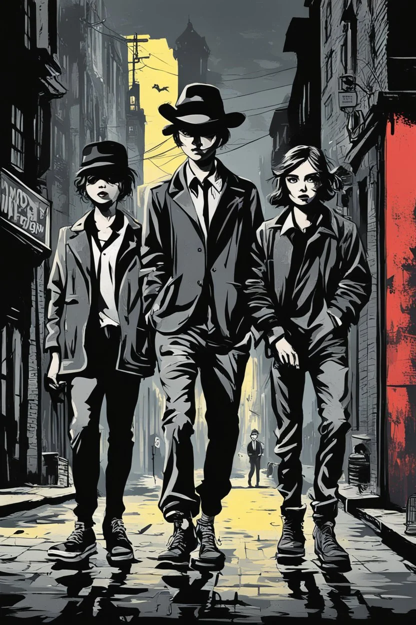 Design a detective book cover for teenagers. A teenage girl in the centre, one boy on her left, and one on her right are on the town street. Black cat at girl's legs. Banksy style, pop art style, dark mood, mysterious atmosphere