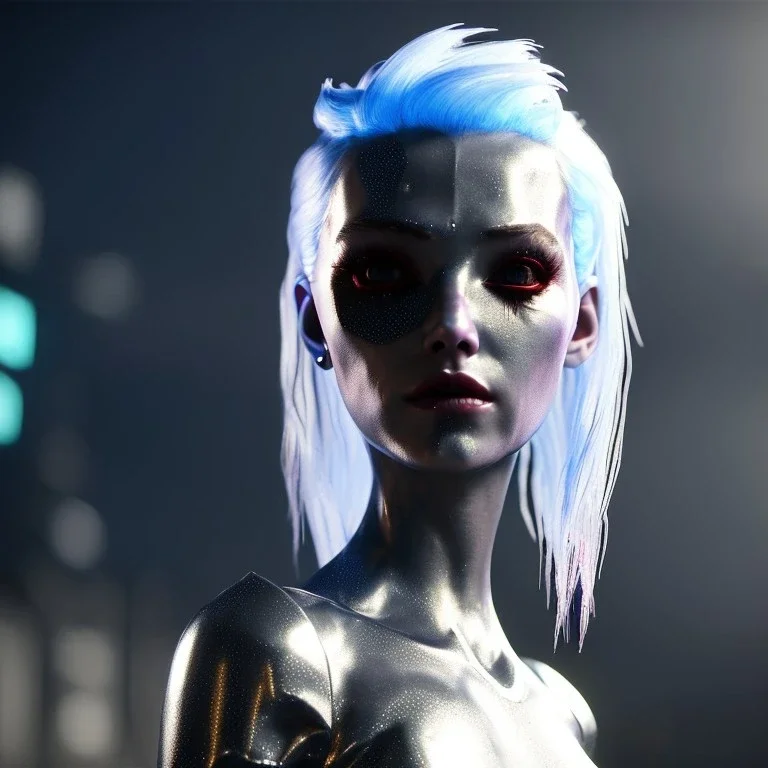 pretty silver hair cyber woman, cold ambient, latex, cables, purpurin, blood, black, gold, piercings, brown, decorative color feathers, circuits, neon style, a lot of led lights, fog, rain, vibrant color, highly detailed, art stations, concept art, smooth, unreal engine 5, god rays, ray tracing, RTX, lumen lighting, ultra detail, volumetric lighting, 3d, finely drawn, high definition, high resolution.